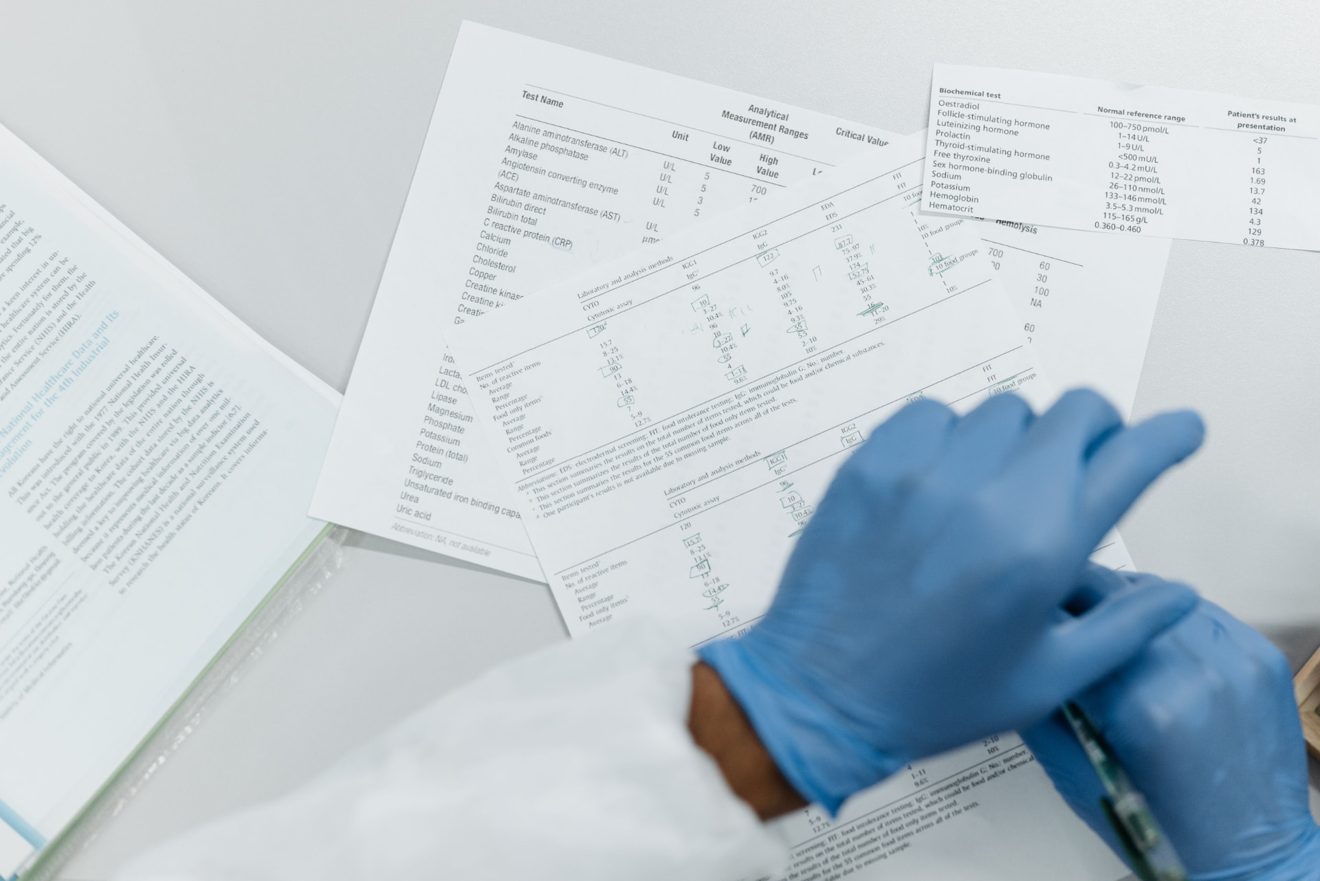 Clinician reviewing laboratory result sheets